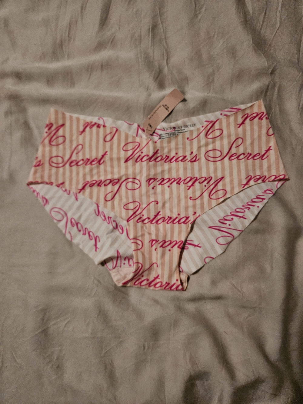 NWT Victoria's Secret Beige Striped Hipster with Hot Pink Script, Size M